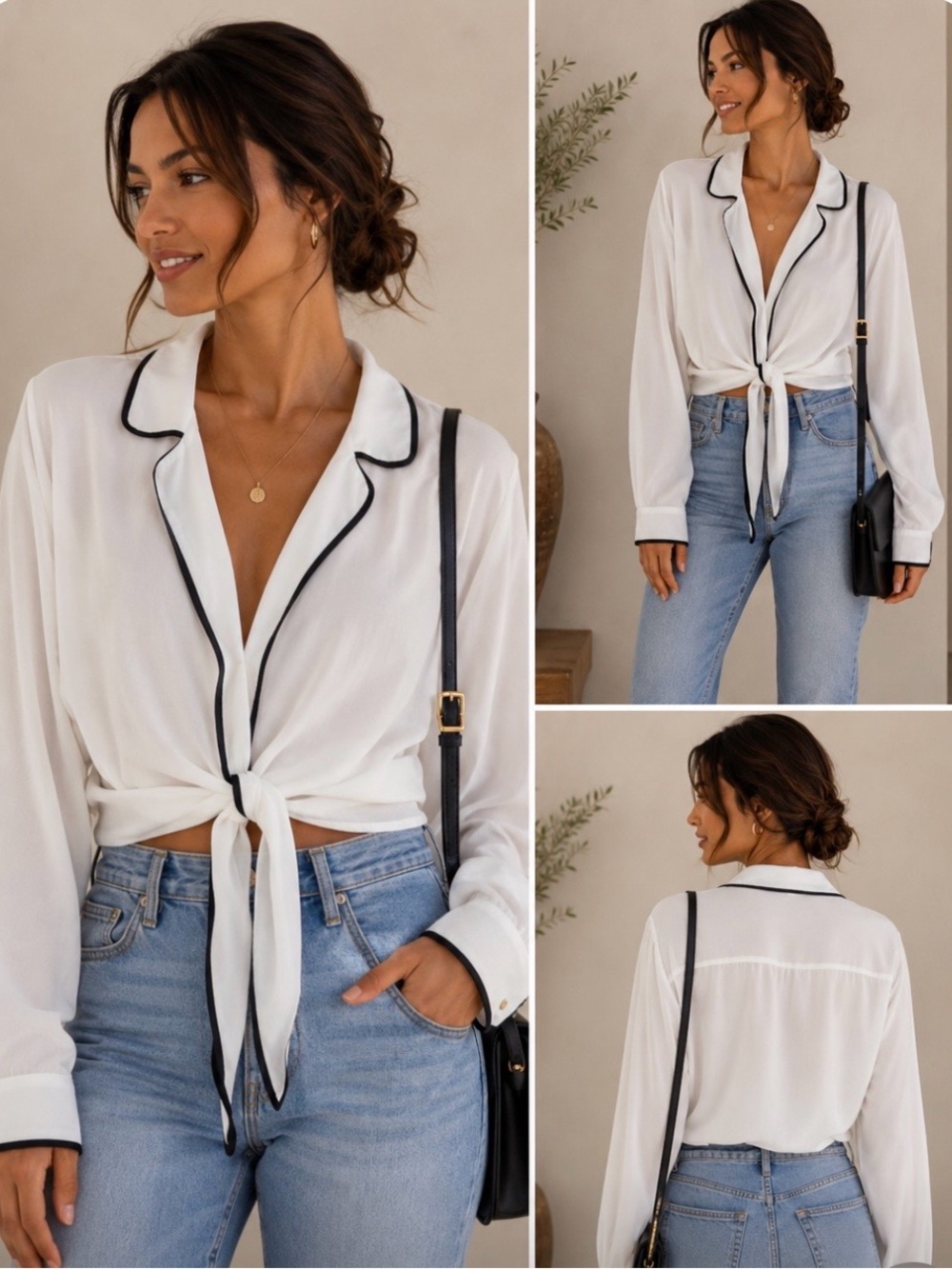 Younique White Tie-Front Button-Down Blouse with Black Trim size M Y2K